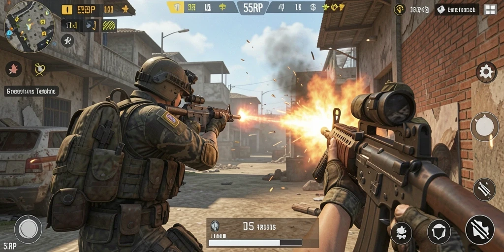 Tampilan gameplay epik dari 55RP dengan aksi tembak menembak yang intens.