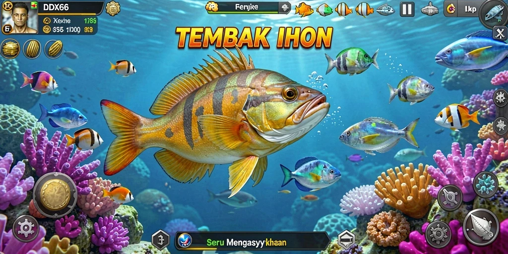 Screenshot menunjukkan gameplay seru menangkap ikan di IDX66.