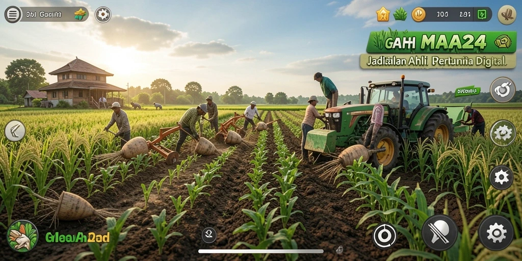 Screenshot MAHA24 menampilkan pemain sedang mengelola ladang dengan tanaman yang beragam.