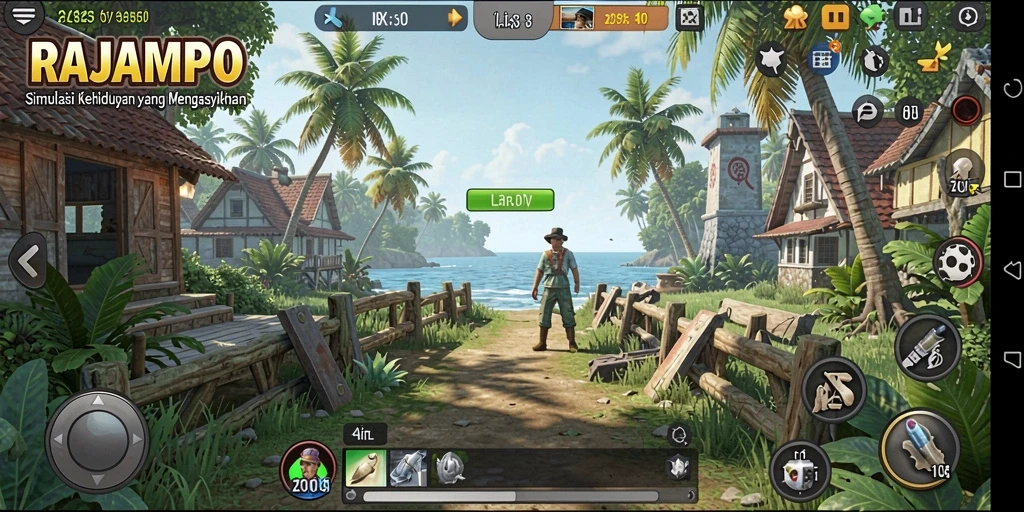 Gambar gameplay RAJAMPO yang menampilkan simulasi kehidupan dinamis.