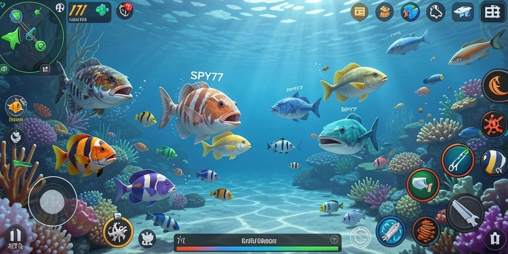 Screenshot gameplay SPY77 menampilkan aksi tangkap ikan yang mendebarkan.