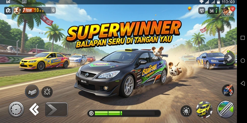 Screenshot utama SUPERWINNER memperlihatkan balapan intens dengan grafis memukau.