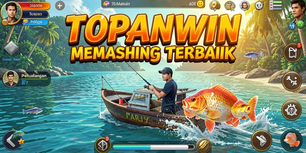 Screenshot gameplay TOPANWIN menunjukkan keseruan memancing di laut yang luas.