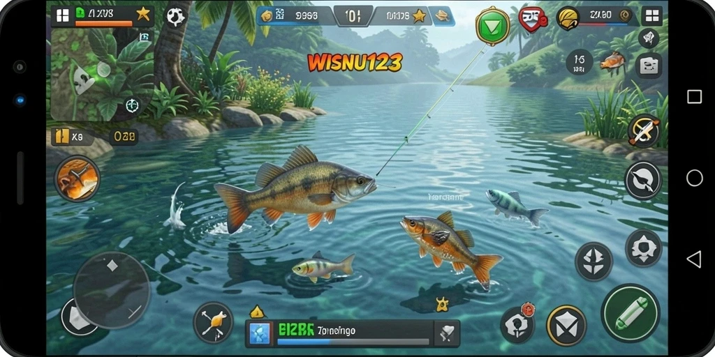 Tampilan gameplay WISNU123 dengan suasana memancing yang menenangkan.